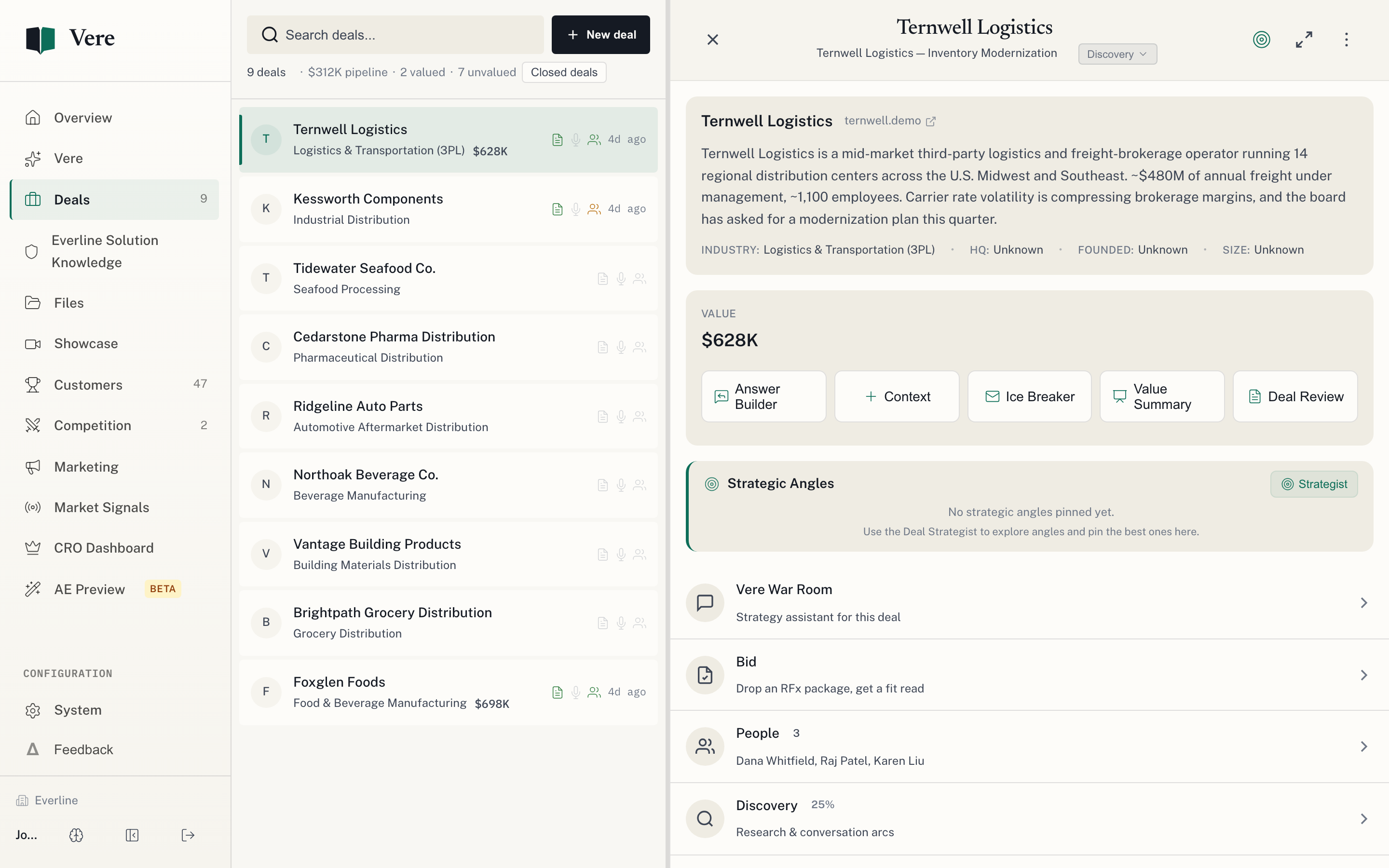 A Vere customer brief for a live deal — the customer's situation, stakeholders, value, and strategic angles in one view