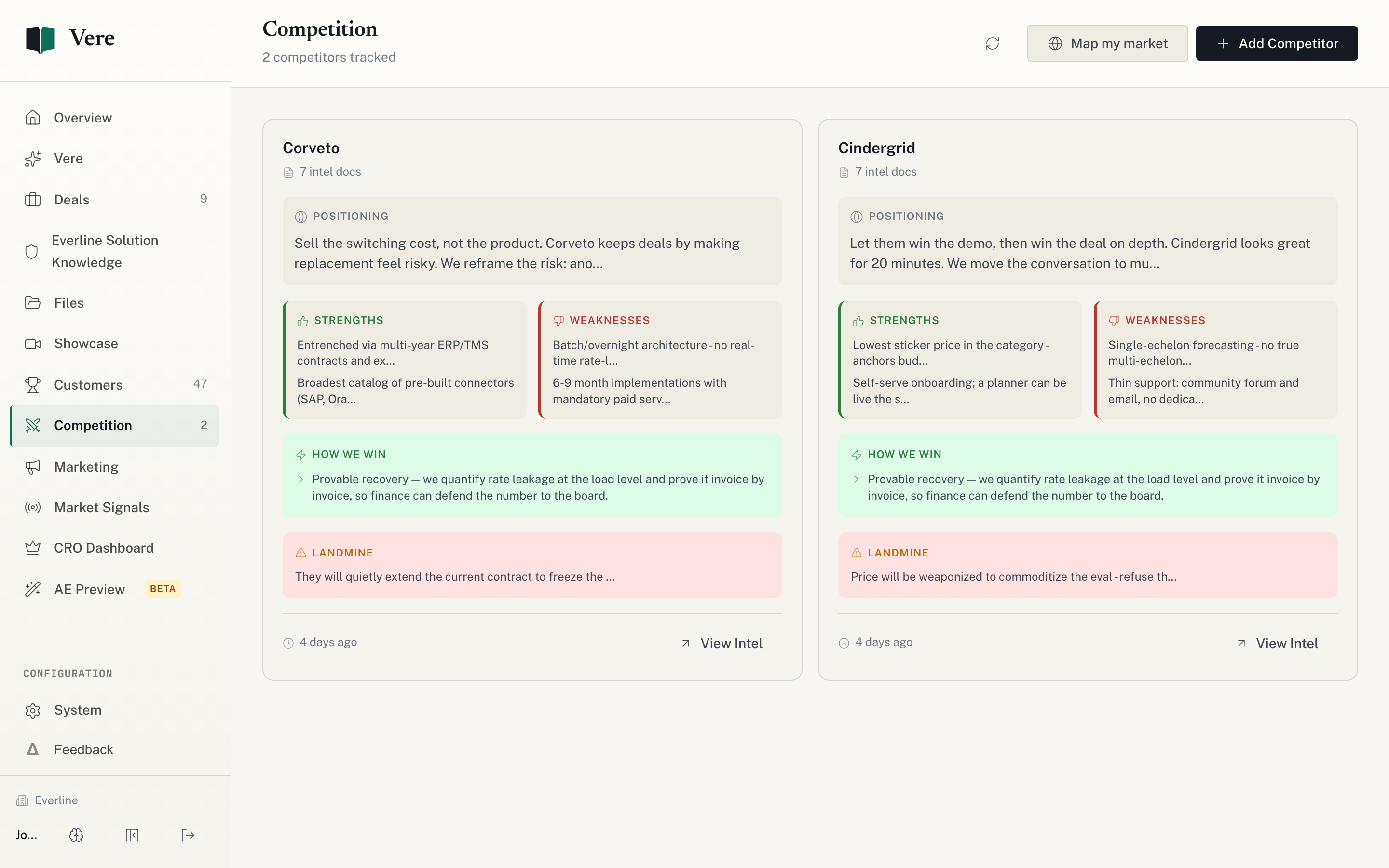 Self-updating competitive intelligence for a live deal