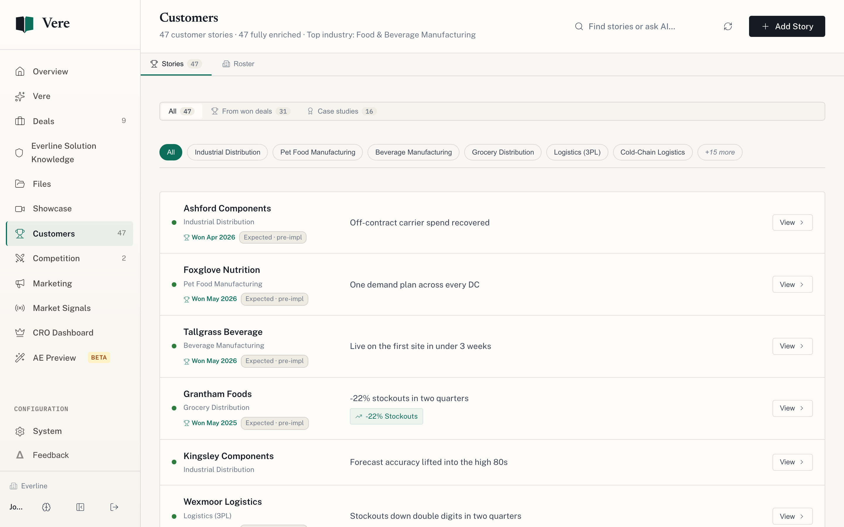 A living library of enriched customer stories with concrete outcomes — proof that stays current