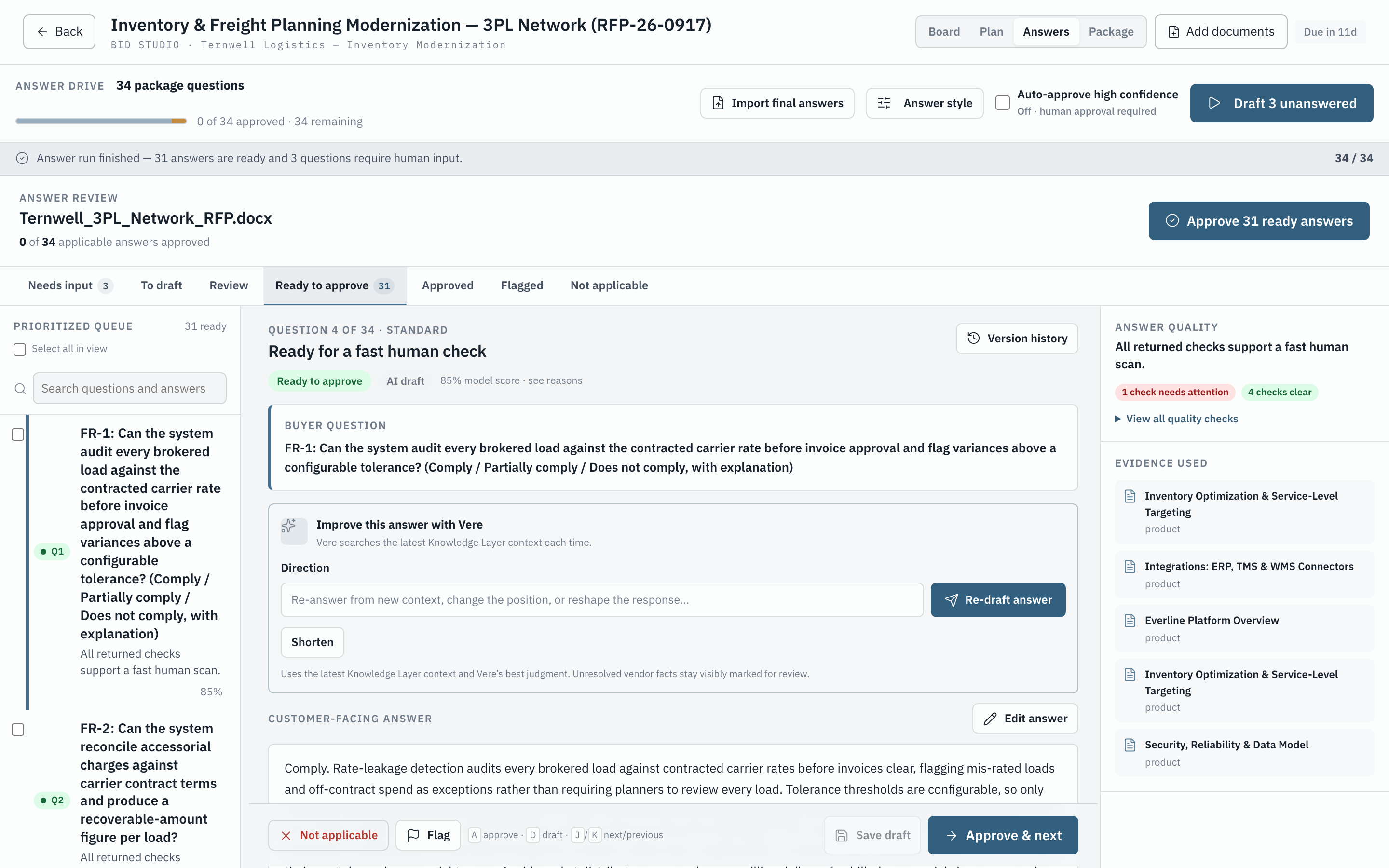 Vere's answer review for a live RFP — drafted answers with confidence, quality checks, and the evidence each one used, ready to approve one by one or in bulk
